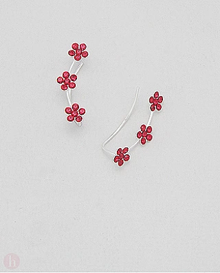 Cercei argint agrafa alungiti pe lobul urechii cu flori rosii