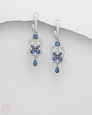 Cercei argint model floare cristale albastre si albe