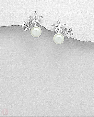 Cercei argint cu perla si flori cu cristale Cubic Zirconia