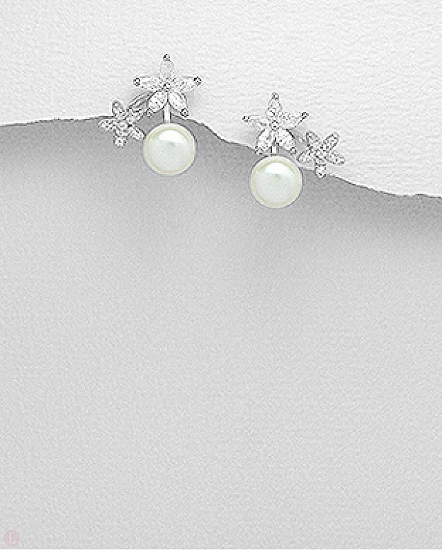 Cercei argint cu perla si flori cu cristale Cubic Zirconia