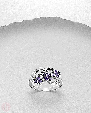 Inel argint cu cristale Cubic Zirconia violet si albe
