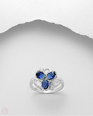Inel argint floare cu 3 petale Cubic Zirconia albastre si albe