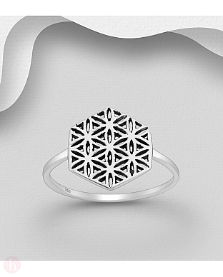 Inel din argint cu hexagon si floarea vietii - Flower of Life