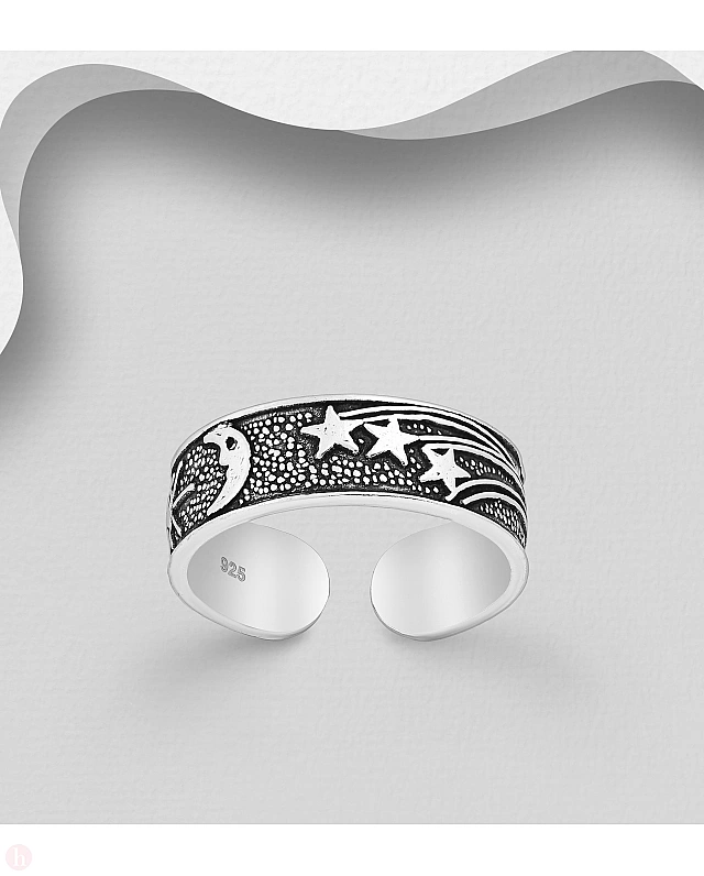 Inel din argint pentru deget picior model soare, luna si stele