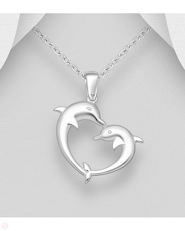 Pandantiv din argint model delfini si inima