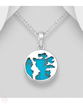 Pandantiv din argint model harta lumii cu piatra albastra