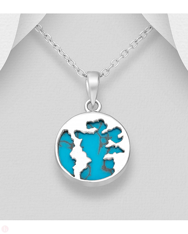 Pandantiv din argint model harta lumii cu piatra albastra