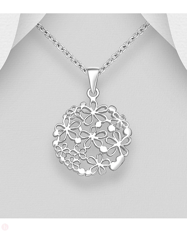Pandantiv rotund din argint, model floral
