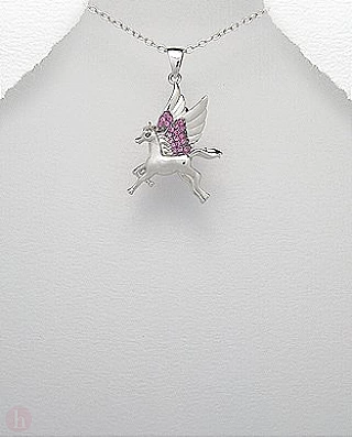 Pandantiv unicorn pegas argint cu pietre roz