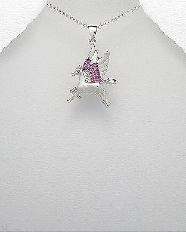 Pandantiv unicorn pegas argint cu pietre roz